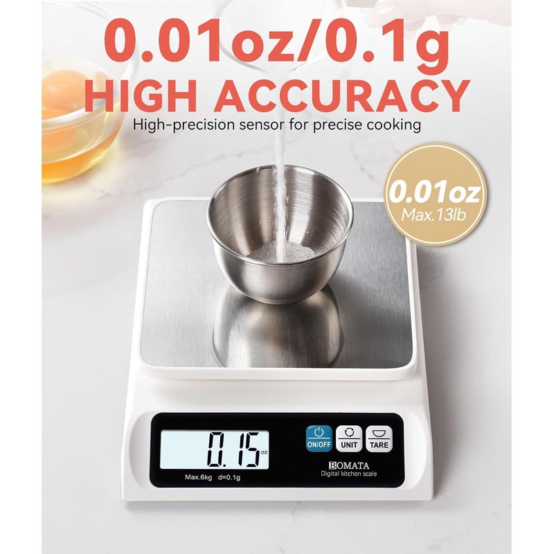 BOMATA 0.1g/ 13lb Food Scale, Digital Kitchen Scale with Removable Stainless Steel Pan, Backlit LCD Display, for Cooking, Baking B621 White - Image 2